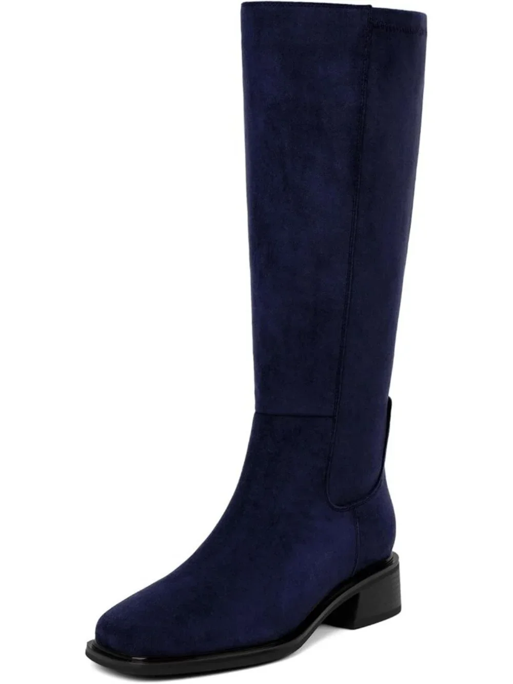 Women's Navy Faux Suede Square Toe Knee High Stretch With Side Zipper Boots